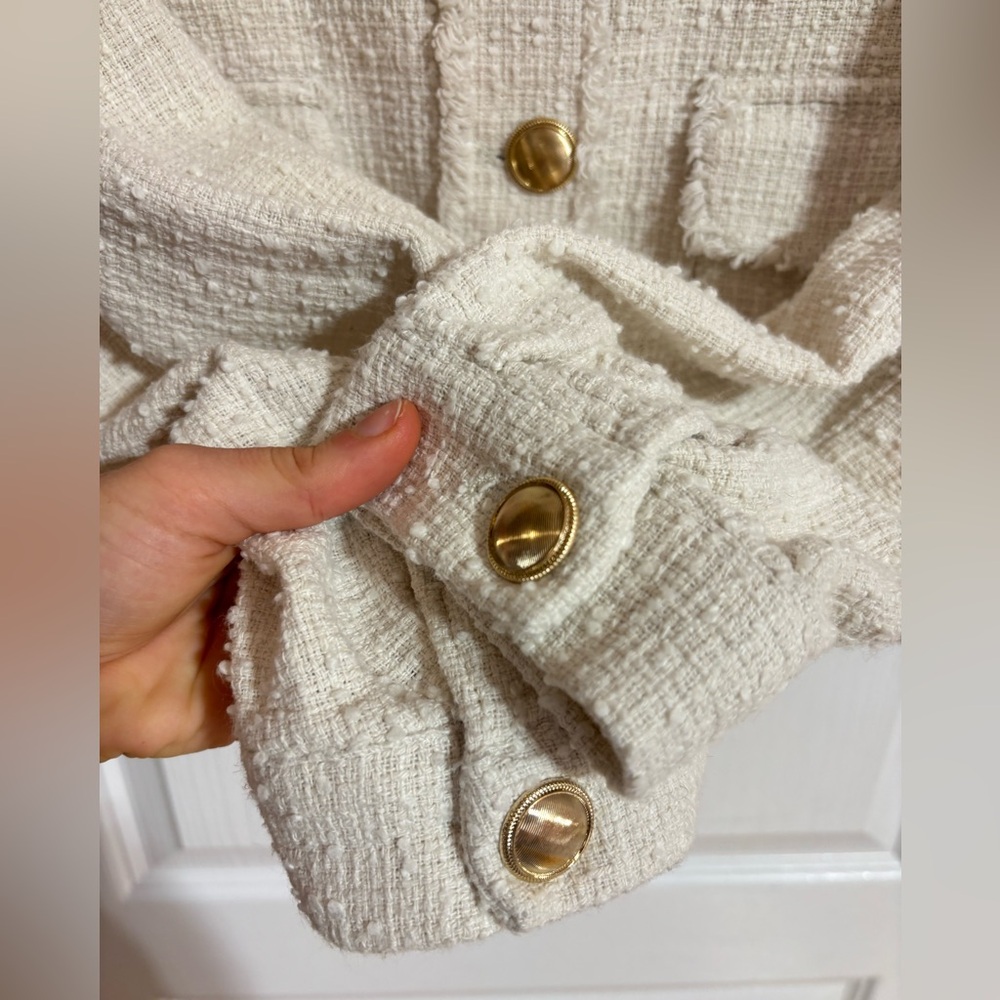 Zara Tweed Textured Gold Buttons Pockets Spring Cream Blazer Jacket Size Large - Picture 7 of 11